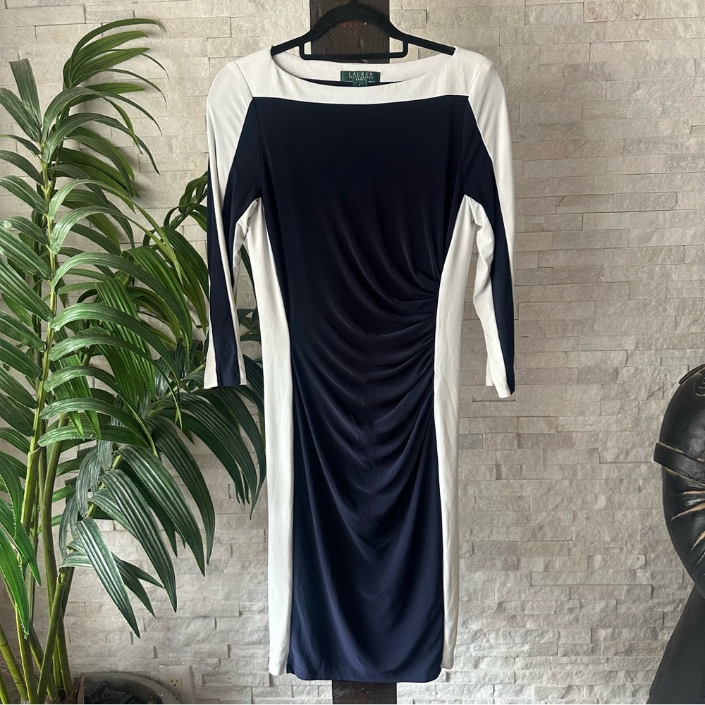 Lauren Ralph Lauren Navy Blue White Colorblock Panel Sheath Dress Size 6